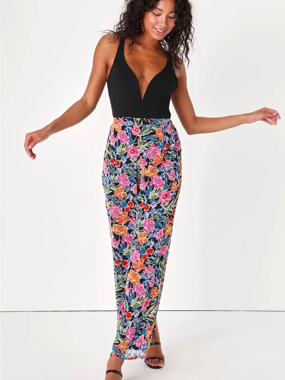 Lulu's Flourishing Beauty Black Floral Print Wide-Leg Pants